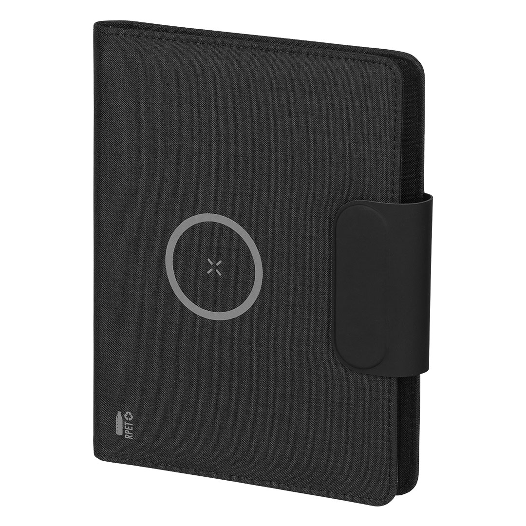 EVOLUTION, portfolio sa notesom a5, pomoćnom baterijom 5.000 mah, bežičnim punjenjem 15w i magnetom, crni